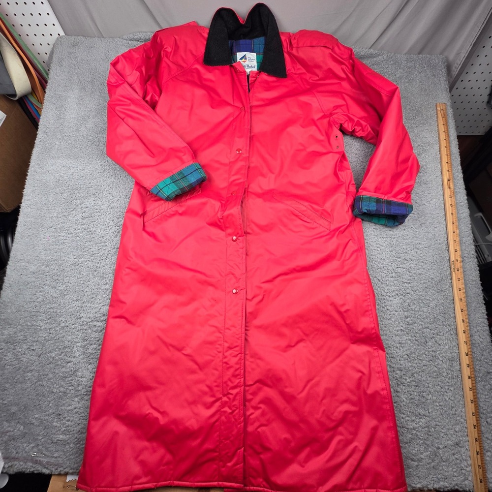 Misty Harbor Raincoat Slicker Women Large Red Plaid Lined Corduroy Collar VTG